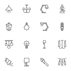 Electric light bulb line icons set, outline vector symbol collection, linear style pictogram pack. Signs, logo illustration. Set includes icons as ceiling chandelier, desk lamp, lantern, flashlight