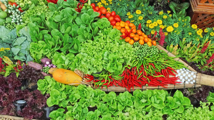 Top view of beautiful fresh vegetable and fruit showing