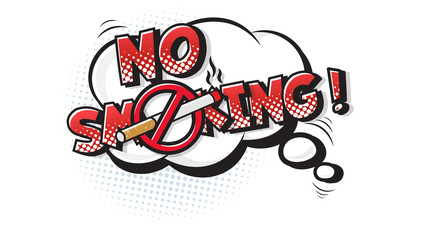 No Smoking expression text on a Comic bubble with halftone. Raster illustration of a bright and dynamic cartoonish image in retro pop art style isolated on white background