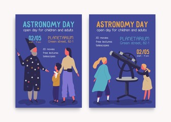 Set of astronomy day promo poster vector flat illustration. Adult and children visited planetarium talk with astronomical man and look into telescope. Announcement of exhibition with place for text