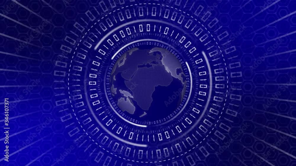 Poster motion graphics background - binary code in abstract rotation speed motion - earth map in rotation a