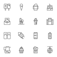 Summer party line icons set, outline vector symbol collection, linear style pictogram pack. Signs, logo illustration. Set includes icons as sunblock, ice cream, cake, travel bag, surfing board, drink