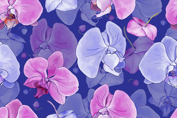 Floral seamless pattern with pink and  purple flowers orchid on dark blue background. Hand drawn. Tropical plants for design, textile, print, wallpapers, wrapping paper. Vector stock illustration.
