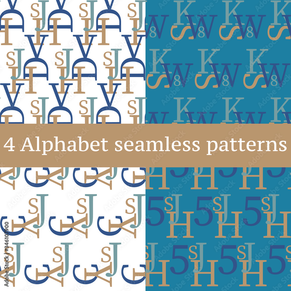 Fototapete Set of vector seamless patterns. Latin alphabet, numbers and math symbols.
