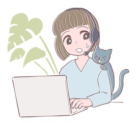 テレワーク　女性と猫