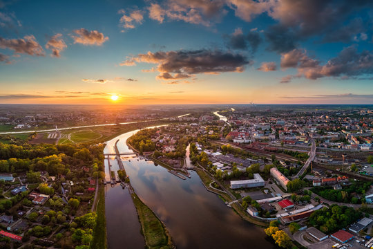 Opole, aerial view of Old Town and Oder river. Poland, spring day. Drone shot on sunset time.