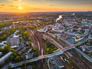 Naklejka na ściany i meble Opole, aerial view of Old Town and Oder river. Poland, spring day. Drone shot on sunset time.
