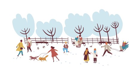 Crowd of people enjoying winter outdoors activity at park vector flat illustration. Colorful men, women and children playing snowballs, walking with dog and sledding isolated on white