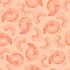 Shrimp seamless vector pattern. Peeled and prawn tail. Coral color background. Appetizing art.