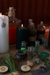 magic ritual with runes and pentagram and magical attributes
