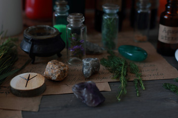 magic ritual with runes and pentagram and magical attributes