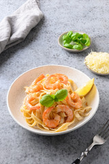 Italian pasta fettuccine with shrimps.