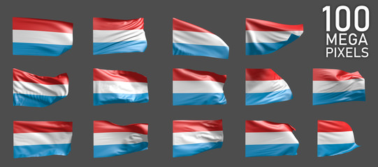 Luxembourg flag isolated - various images of the waving flag on grey background - object 3D illustration