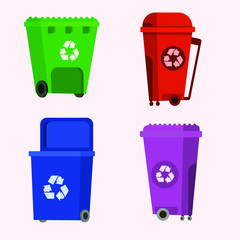 Set of garbage cans. Rubbish containers collection. Concept of waste recycle and ecology. Isolated on white background. Vector illustration.