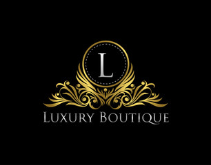 Premium Golden Badge L Letter Icon. Luxury Gold Boutique Logo Vector Design.  