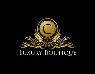 Premium Golden Badge C Letter Icon. Luxury Gold Boutique Logo Vector Design.  