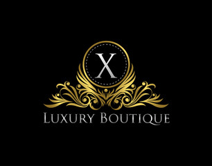 Premium Golden Badge X Letter Icon. Luxury Gold Boutique Logo Vector Design.  