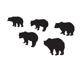 Vector set with five silhouette adult bears. Bear silhouette. The flock follows the leader. A family of bears of five individuals. Illustration isolated on a white background.