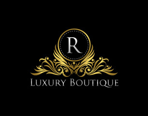Premium Golden Badge R Letter Icon. Luxury Gold Boutique Logo Vector Design.  