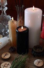 magic ritual with runes and pentagram and magical attributes