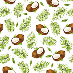 Tropical background with Coconut Fruit and Palm Leaves . Summer seamless pattern