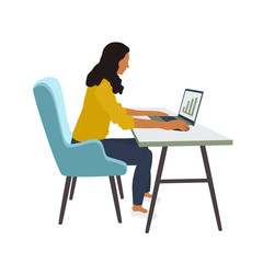 Fototapeta na wymiar Woman work with notebook. Modern office workplace for student, freelancer, business. Work from home concept. Online manager, internet working. Girl worker. Stay at home. Cartoon vector illustration
