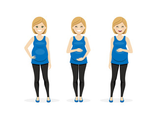 Fototapeta premium Happy pregnant woman in different poses. Vector illustration