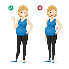 Healthy pregnant woman and pregnant woman in backache. Vector illustration