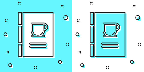 Black line Coffee book icon isolated on green and white background. Random dynamic shapes. Vector Illustration