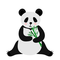 Cute cartoon panda eats bamboo. Flat vector illustration isolated on white background.