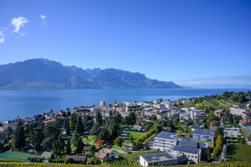 Obraz premium Montreux Switzerland with Geneva lake and Alps mountain in sunny day, View from Goldenpass Line train.