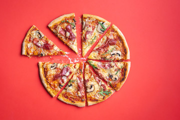 Sliced pizza flat lay, Ham pizza with arugula