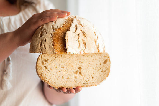 Sourdough Bread Hold In Hands. No Yeast Bread