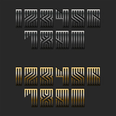 Set of metallic numbers monogram for modern trendy typography, linear calligraphy mathematics symbols, numbers linear shape from parallel silver and gold lines.