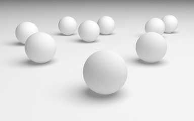 White abstract background. Set of white balls isolated on white backdrop. 3D illustration