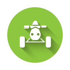 White All Terrain Vehicle or ATV motorcycle icon isolated with long shadow. Quad bike. Extreme sport. Green circle button. Vector Illustration