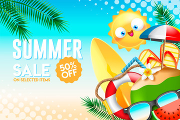 Summer sale vector banner design for promotion with colorful beach elements 