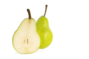 half and whole ripe yellow pear isolated on a white background
