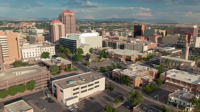Albuquerque, New Mexico, USA. Aerial flying over the downtown city CBD