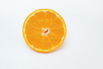 Cut refreshing orange isolated on white background. Half of orange. Close-up side view. Citrus fruit, vitamin and healthy food concept