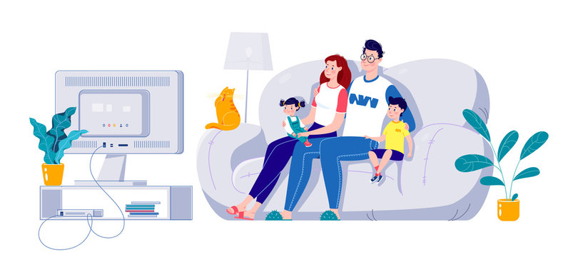 Family watching a movie on a big screen, sitting on a sofa at home. Self-isolation at home.