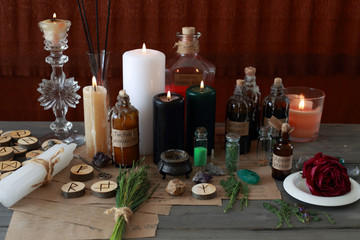 magic ritual with runes and pentagram and magical attributes