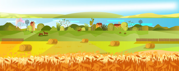 Panoramic autumn landscape with fields of wheat, reap, horses, trees, river. Summer village view with small farm and meadow. Rural harvest background for advertisements, wallpapers, packages. © Oleksandra