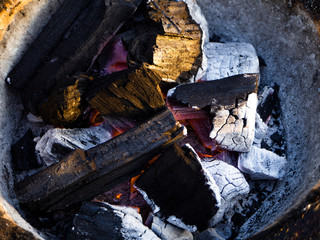 A charcoal fire is burning in the charcoal stove