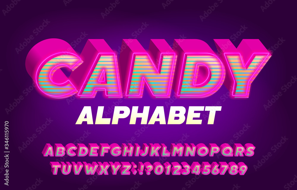 Fototapete candy alphabet font. 3d effect bright letters, numbers and symbols. retro-futuristic vector typescri
