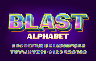 Blast alphabet font. 3D shining letters, numbers and symbols. Retro-futuristic vector typescript for your typography design.