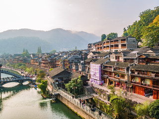 Fototapeta na wymiar Scenery view in the morning of fenghuang old town .phoenix ancient town or Fenghuang County is a county of Hunan Province, China