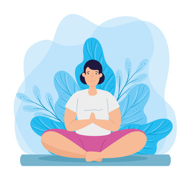 young woman practicing yoga with leafs decoration vector illustration design