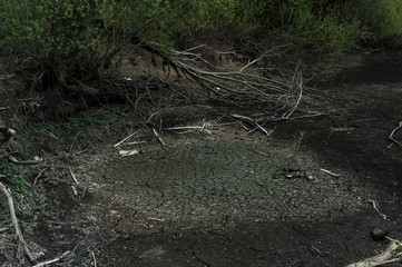dry black bottom of a drained river