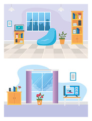 set scenes of living room with furnitures and decoration vector illustration design